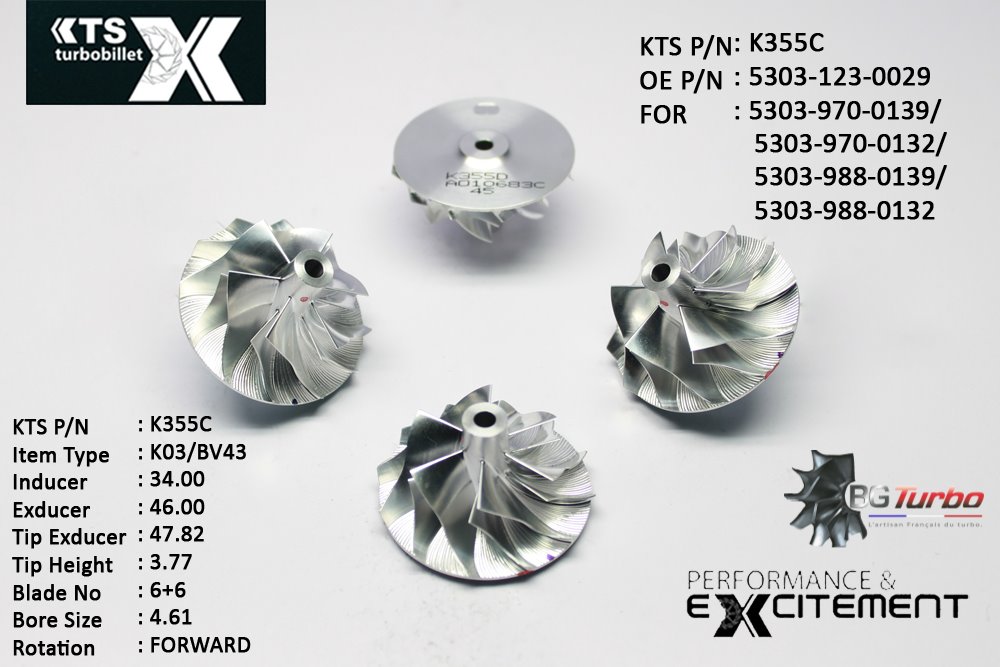 Turbo ROUE FORGÉE MFS PERFORMANCE - 6+6 PALES - INDUCER : 34 - EXDUCER : 46 - TYPE : K03/BV43ANGLE : 55° - ROTATION : Forward - SUPER BACK : 1,8 - BORE SIZE : 4,61
